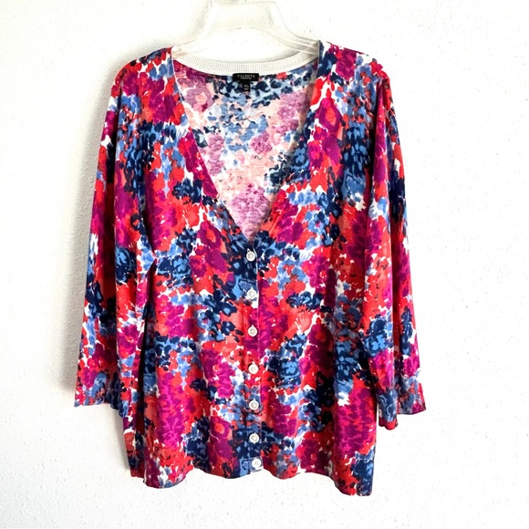 Talbots Sweaters - Talbots Floral Print Cardigan Sweater Women's Petite Plus Size 2X Red Blue